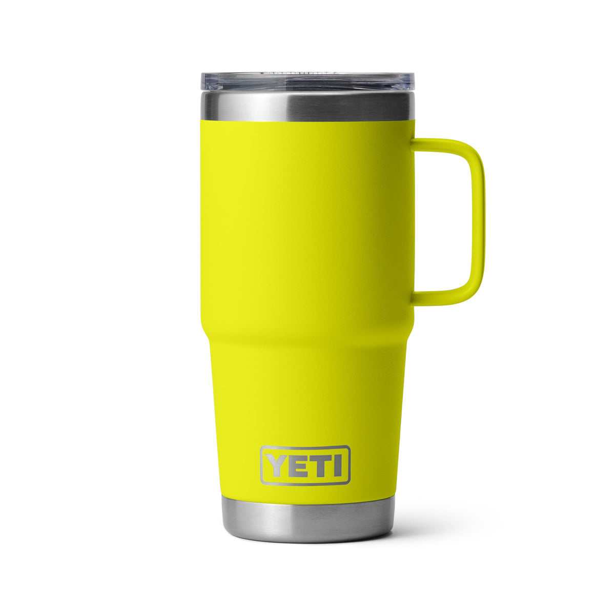 YETI Rambler 20 oz Travel Mug in Firefly Yellow, front view, durable steel for on-the-go coffee