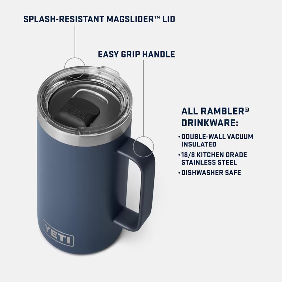 YETI Rambler 24 oz Mug stainless steel body preserves temperature and resists dents.