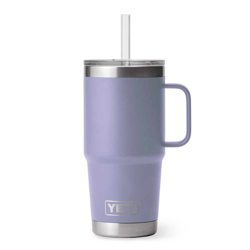 YETI Rambler 25 oz with Cosmic Lilac handle keeps drinks cold outdoors