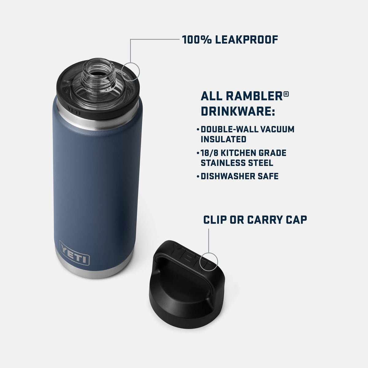 YETI Rambler 26 oz vacuum-insulated bottle keeps beverages cold for hours.