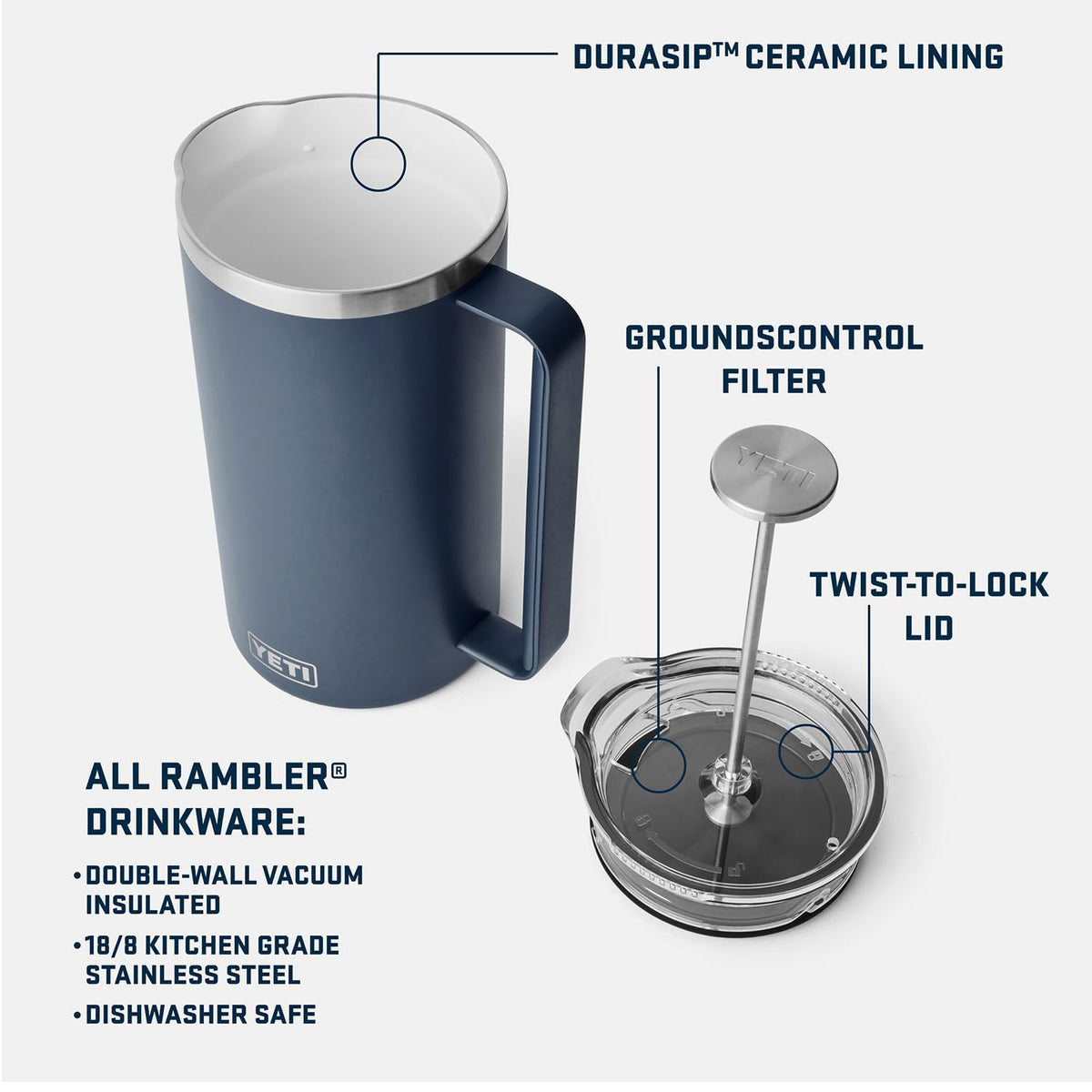 YETI Rambler 34 oz French Press GroundsControl filter separates grounds.