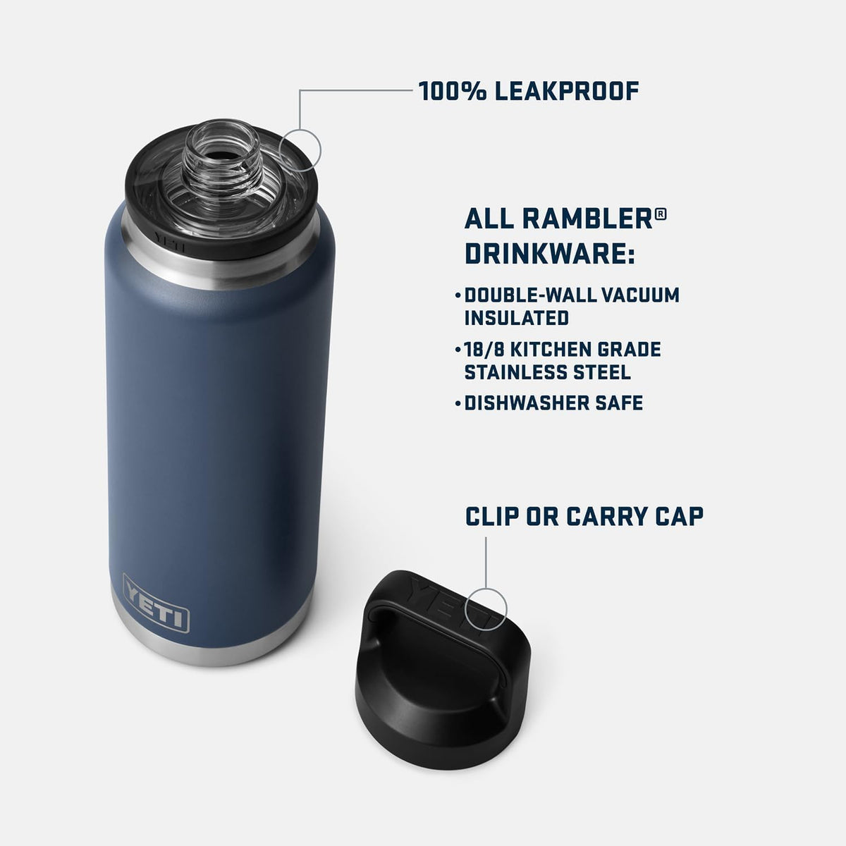 YETI Rambler 36 oz bottle with vacuum insulated body keeps drinks cold longer.