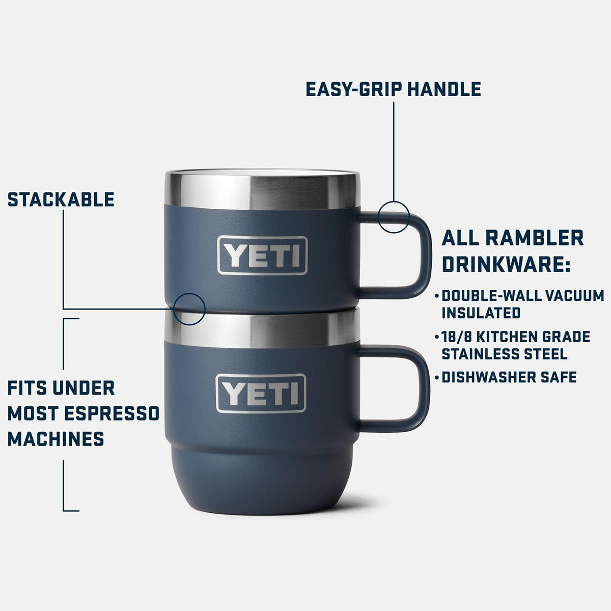 YETI Rambler 6 oz stackable mug Rescue Red, side view with durable, comfortable handle.