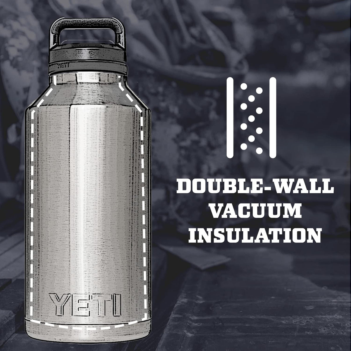 YETI Rambler 64 oz bottle with vacuum insulation keeps drinks cold longer.