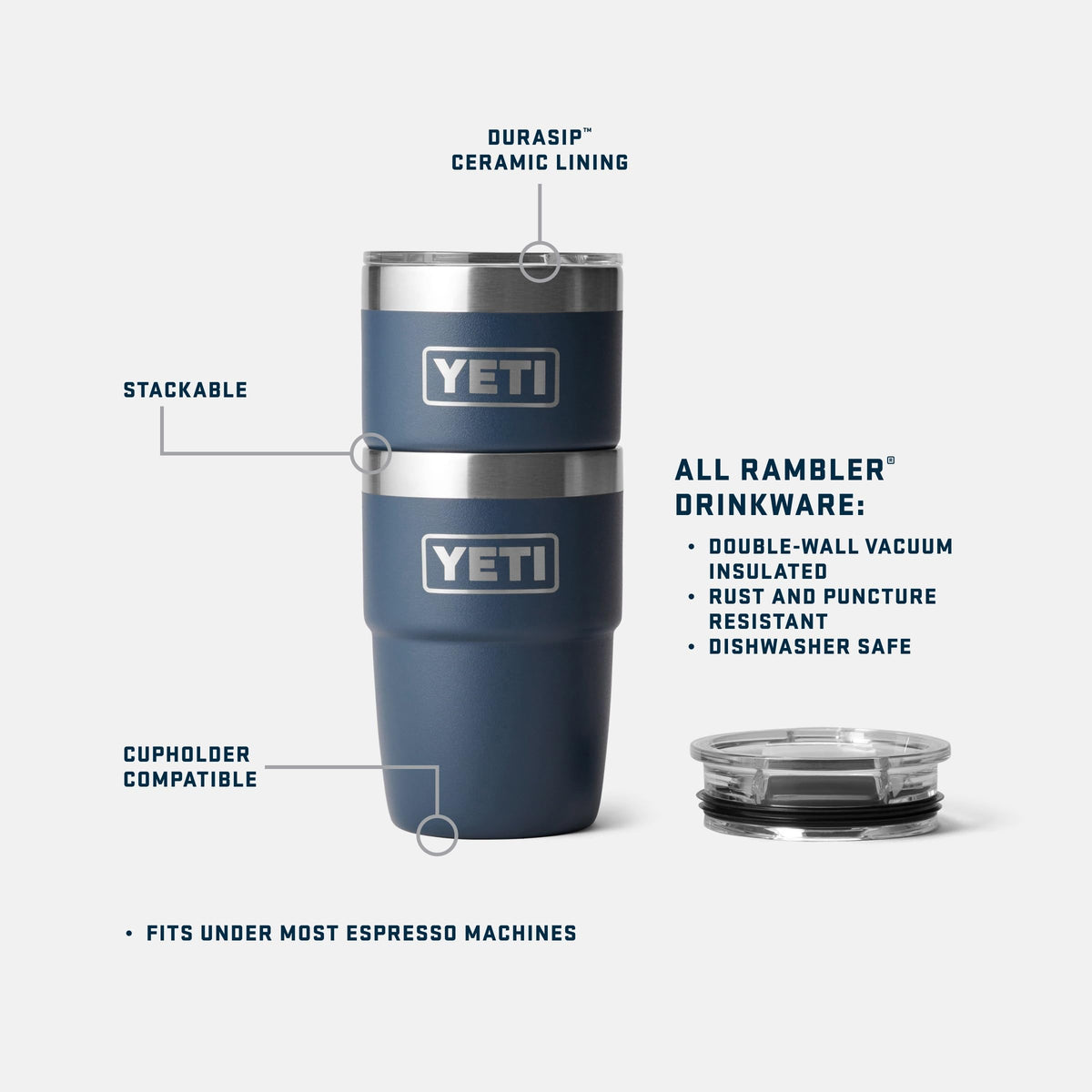 YETI Rambler 8oz stackable design saves space during travel.