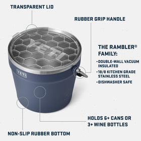 YETI Rambler Beverage Bucket navy with lid open demonstrates large six-pack capacity