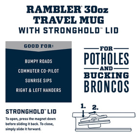 YETI Rambler 30 oz travel mug handle close-up showing secure grip on the go.