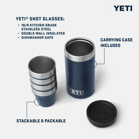 YETI shot glasses tucked inside carrying case, easy transport and storage