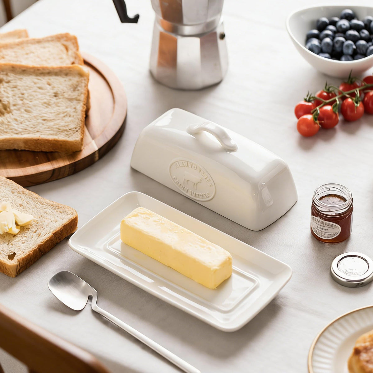 YHOJOY white butter dish on countertop adds farmhouse charm while storing butter neatly.