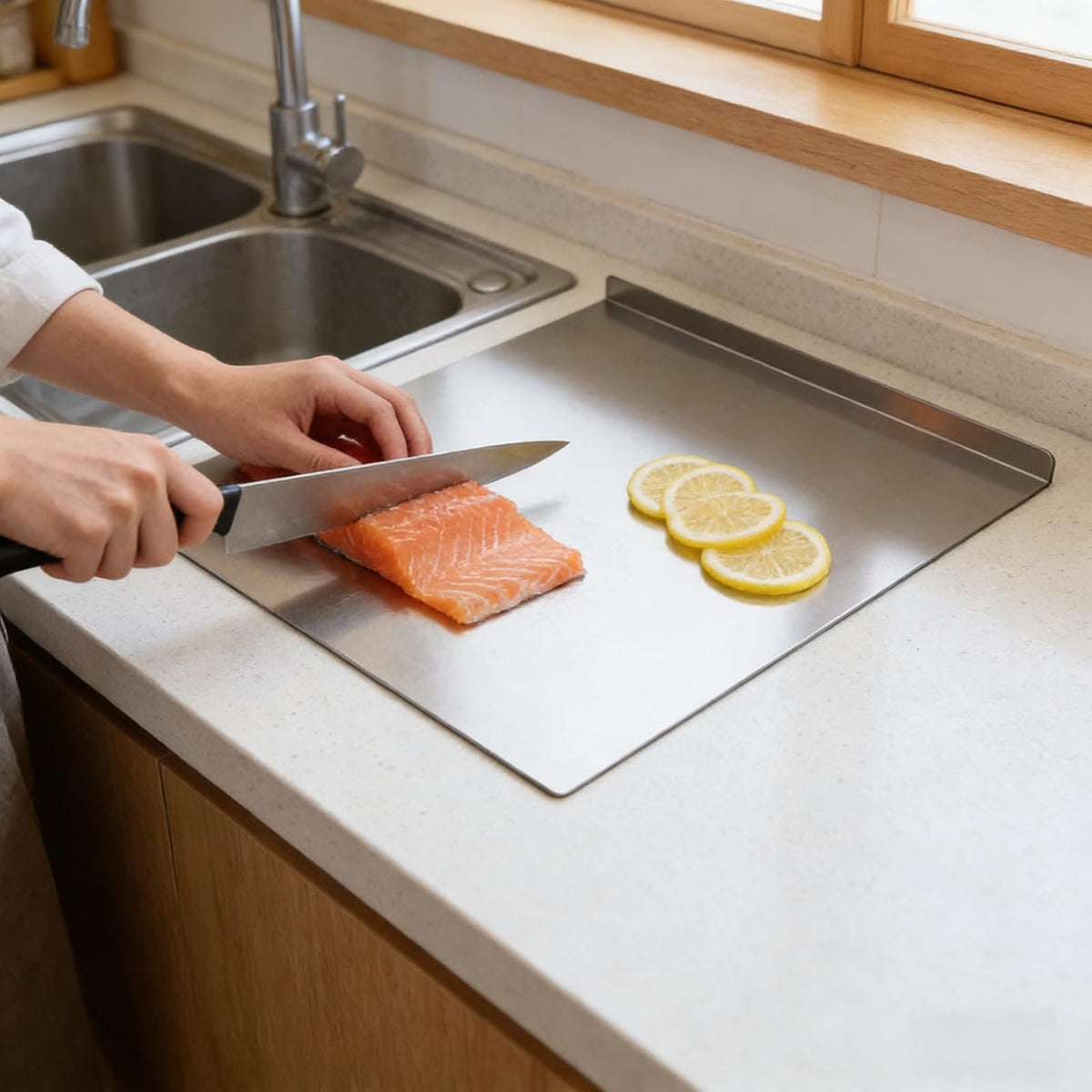 YICORIP stainless steel board with knife demonstrates stable, slip-free cutting.