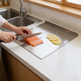 YICORIP meat prep on stainless cutting board with non-slip pads for stability