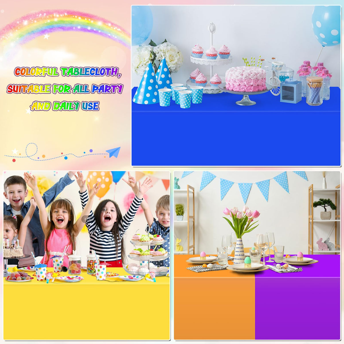 YIDAKO rainbow tablecloth party setup for easy cleanup