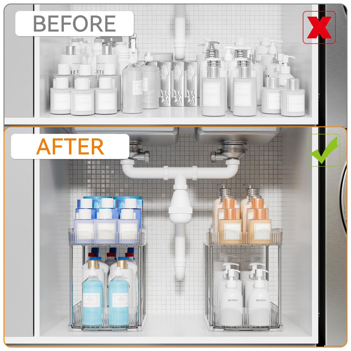 Yieach anti-slip feet keep the organizer stable under the sink