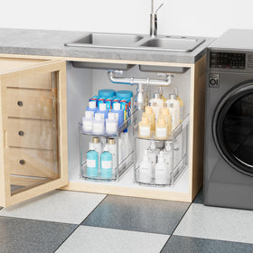Yieach two-tier under-sink organizer maximizing vertical space