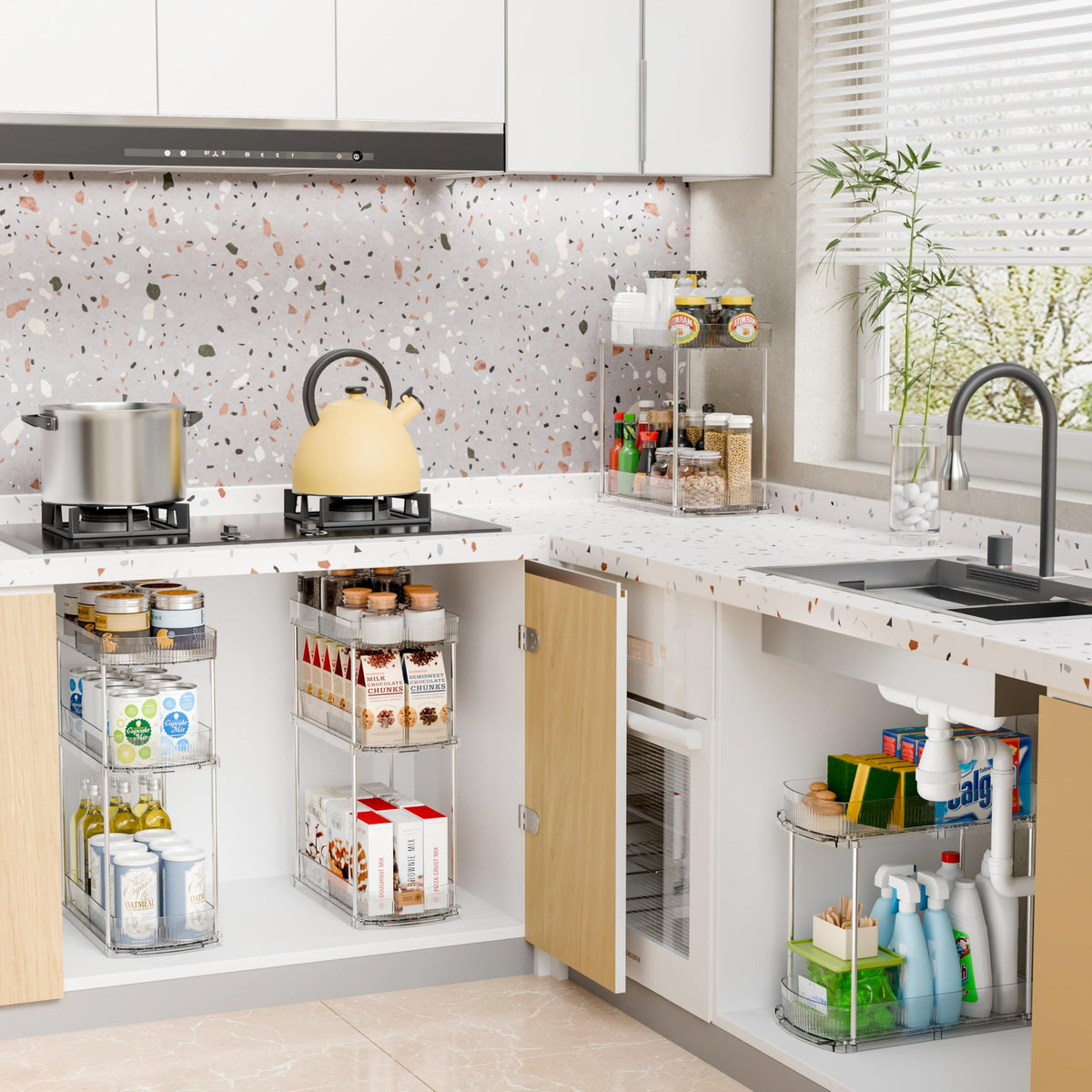 Yieach sliding under-sink organizer with track drawers for easy access