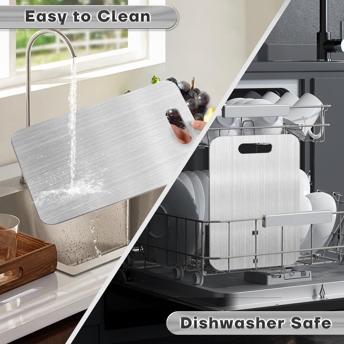 Dishwasher safe titanium board enables easy cleanup after cooking.