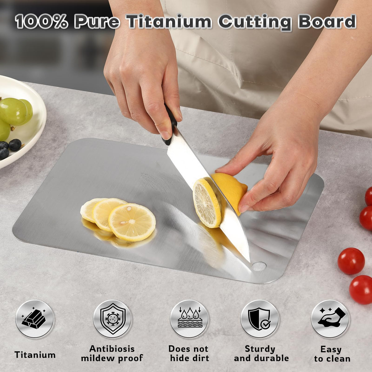 Yiorr Katuchef titanium cutting board double sided for raw and cooked foods.