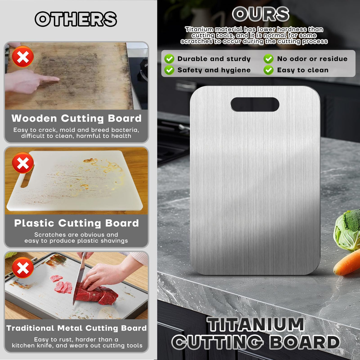 Non porous surface resists odors and stains on the Yiorr Katuchef board.
