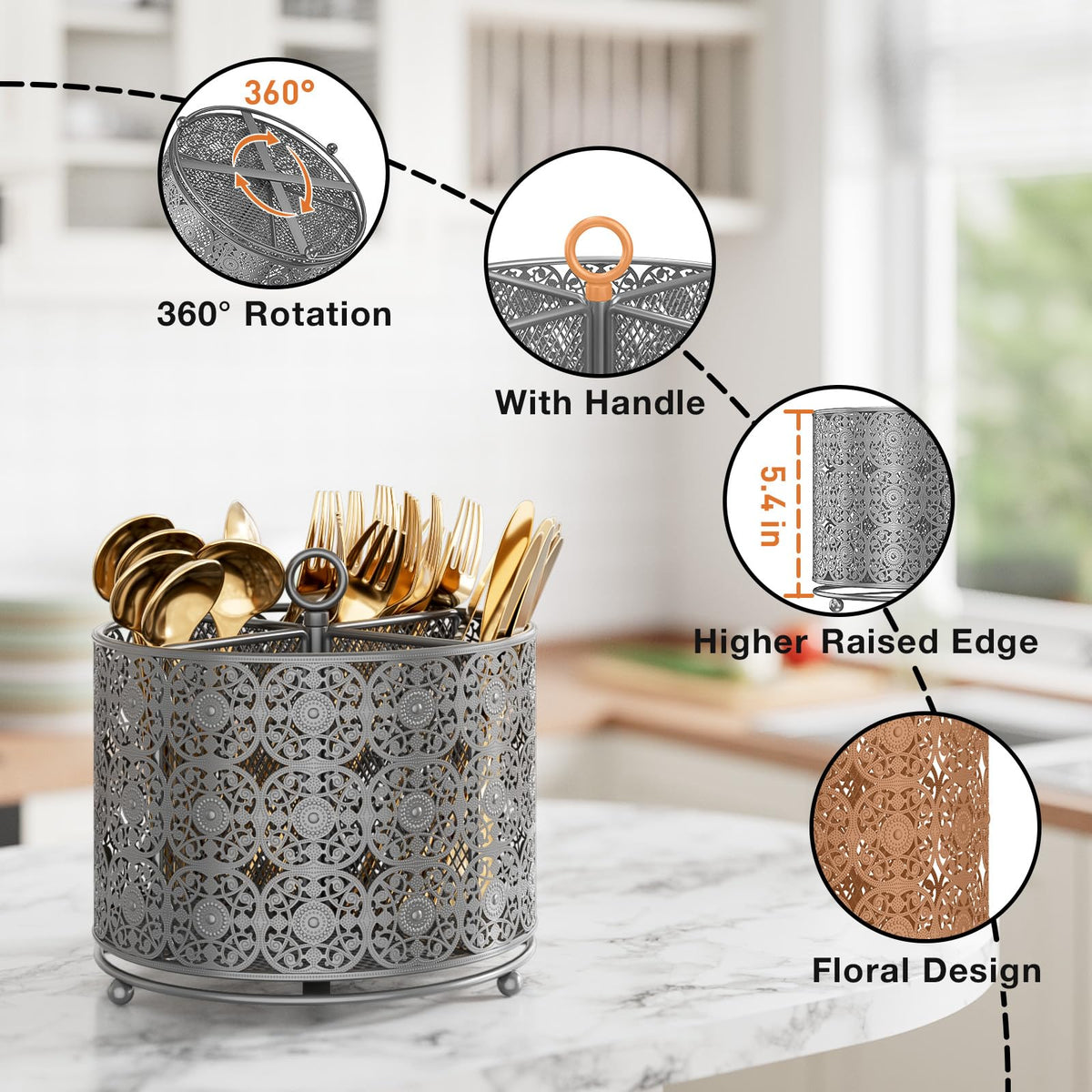 YIUKEA premium metal utensil basket with smooth edges for safe handling.