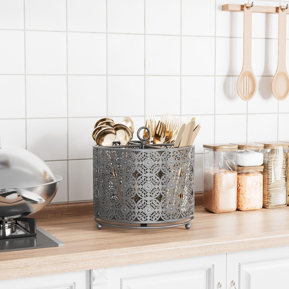 YIUKEA four-compartment silverware organizer keeps knives, forks, and spoons neatly separated.