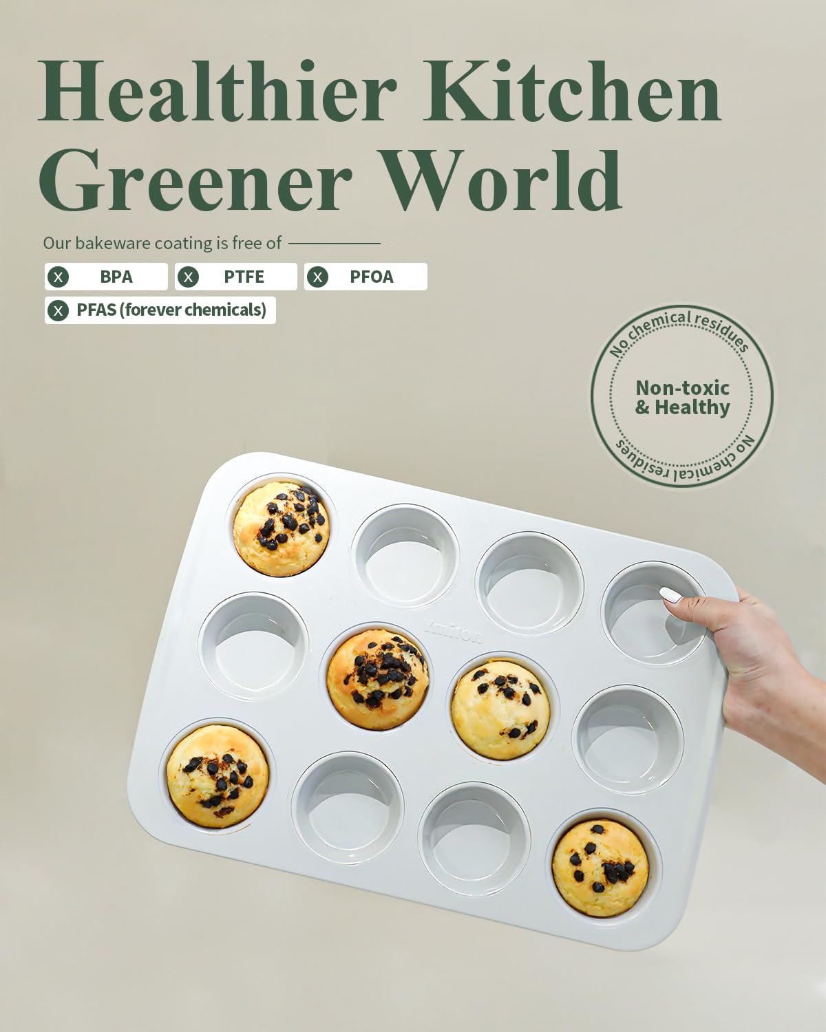 Ymiton oven-safe muffin pan up to 550 degrees Fahrenheit for reliable cupcakes and muffins.