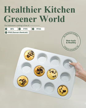 Ymiton oven-safe muffin pan up to 550 degrees Fahrenheit for reliable cupcakes and muffins.