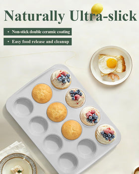 Ymiton muffin pan with rounded edges and textured grips for safe handling.