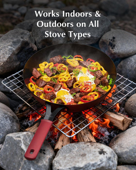 Yonida carbon steel pan highlights even heating across the surface for consistent results.
