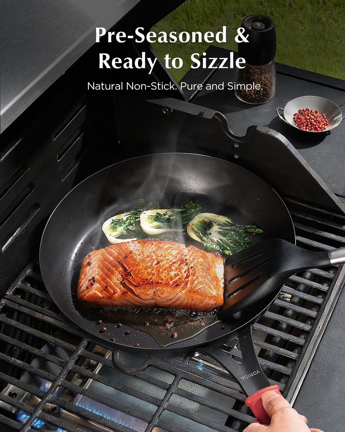 Yonida pre-seasoned surface shows effortless release for everyday cooking.