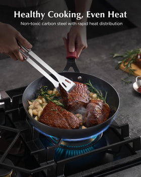 Yonida pan with removable silicone holder showcased for safe, cool grip during cooking.