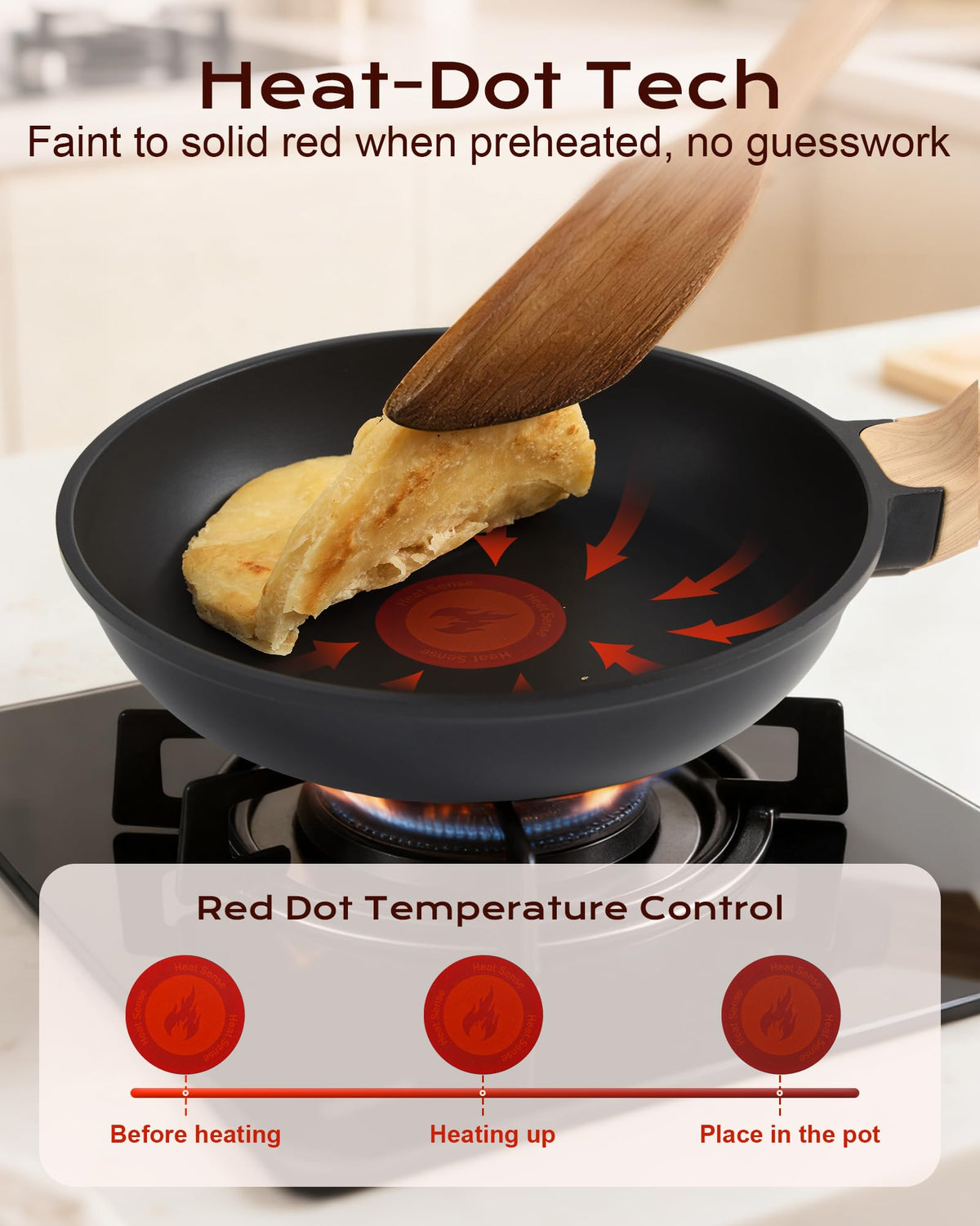 Yonida heat-dot color-change display signaling ideal cooking temperature.