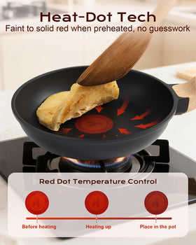 Yonida omelette pan showing cool, ergonomic handle for safe flipping