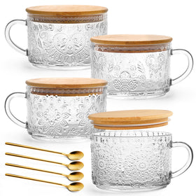 YORY vintage glass mug with bamboo lid and spoon for convenient 4-pack serving.