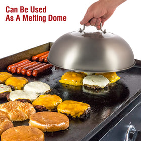 Versatile YOSUKATA lid doubles as a cheese-melting dome on a grill.