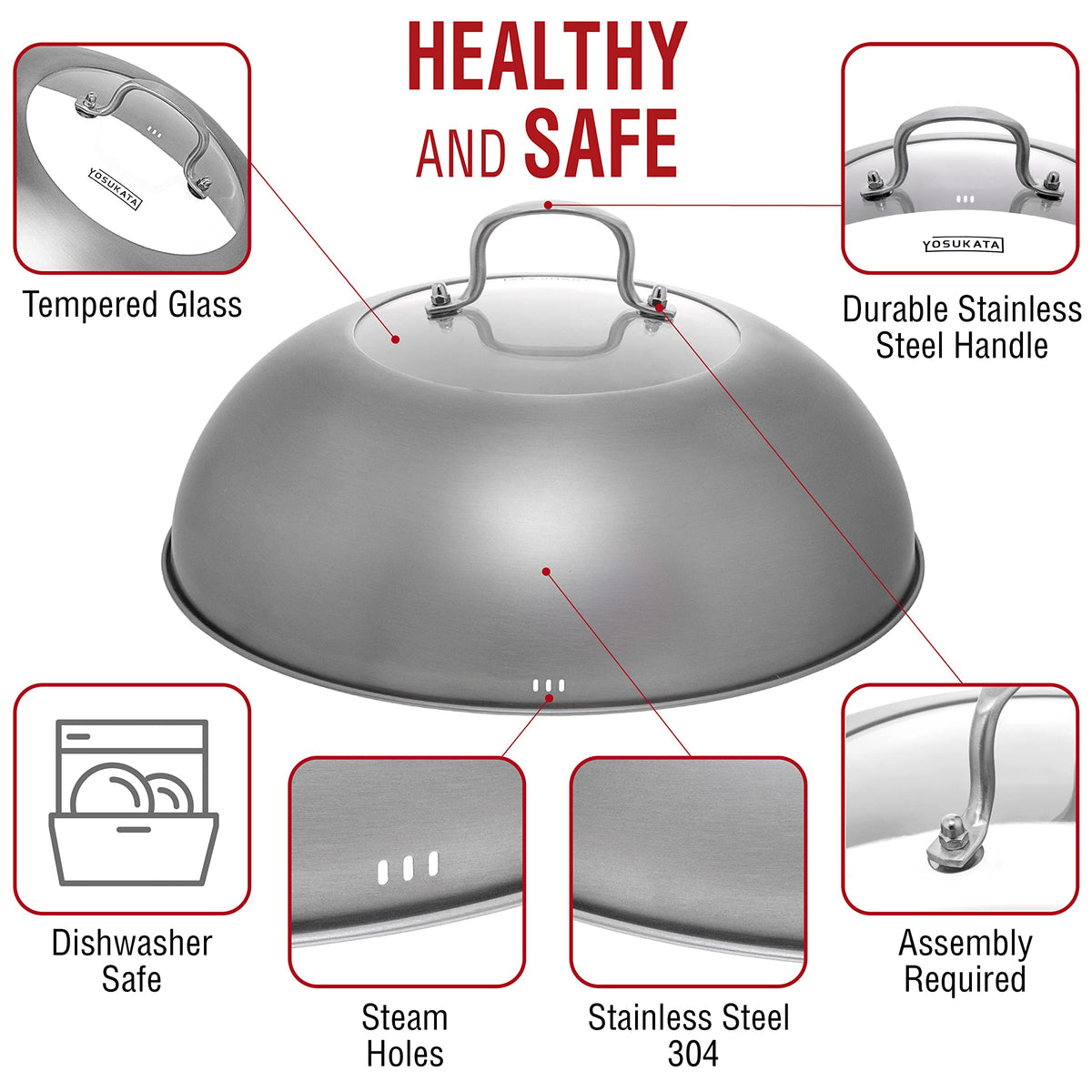 Stainless steel YOSUKATA lid shell fits 13.5-inch woks with durable build.