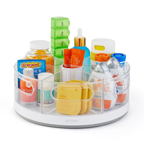 YouCopia Crazy Susan six clear bins on rotation for easy cabinet access.