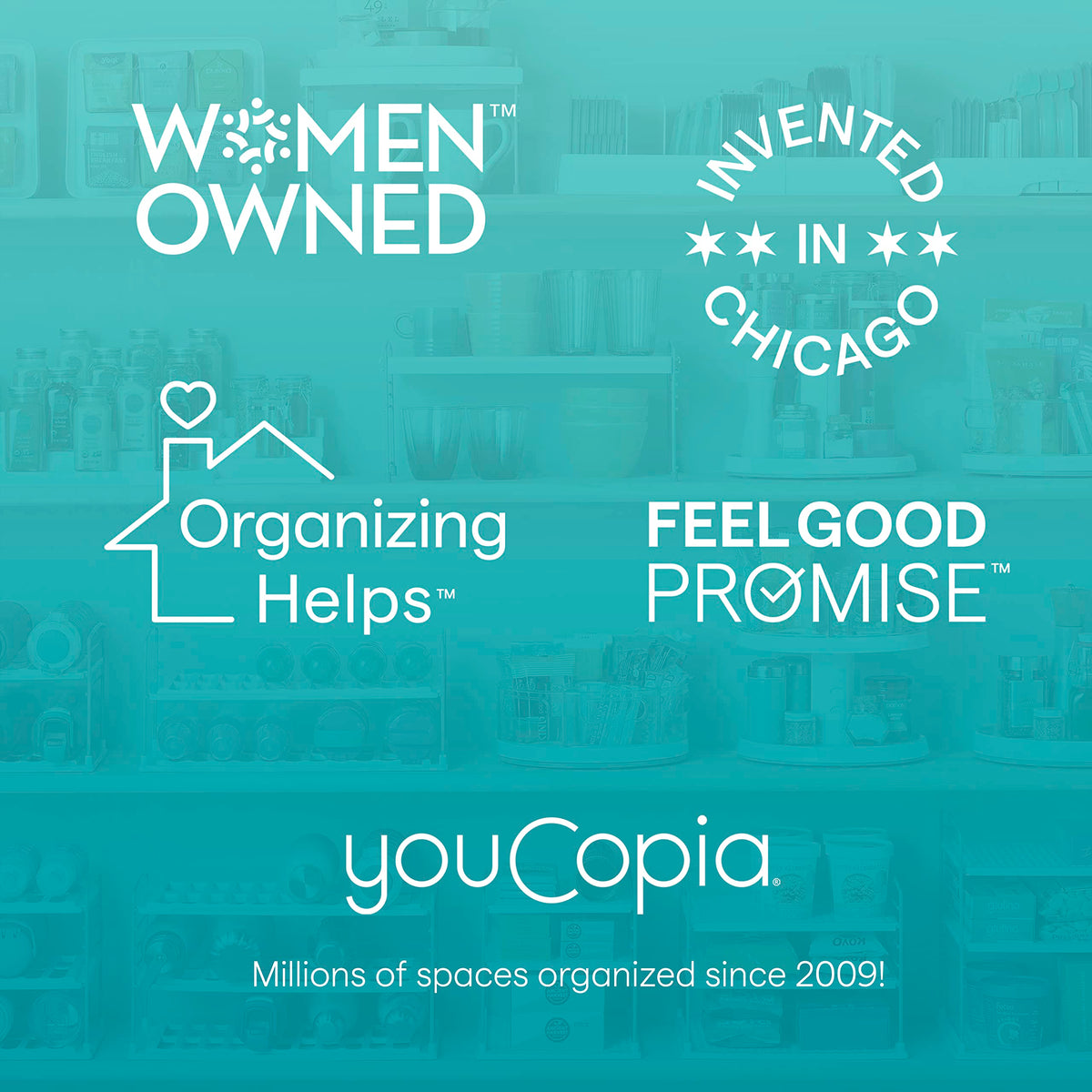 YouCopia Crazy Susan cabinet organizer fits tight spaces with full rotation.