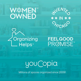 YouCopia Crazy Susan cabinet organizer fits tight spaces with full rotation.