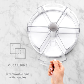 YouCopia Crazy Susan removable clear bins help see and grab items quickly.