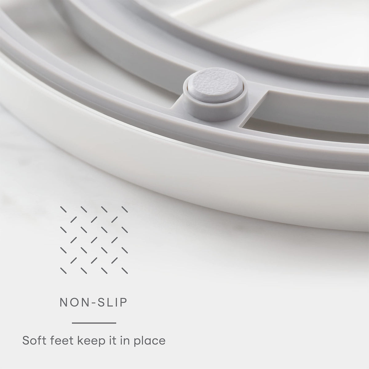 YouCopia Crazy Susan with soft non-slip feet protects surfaces during spins.