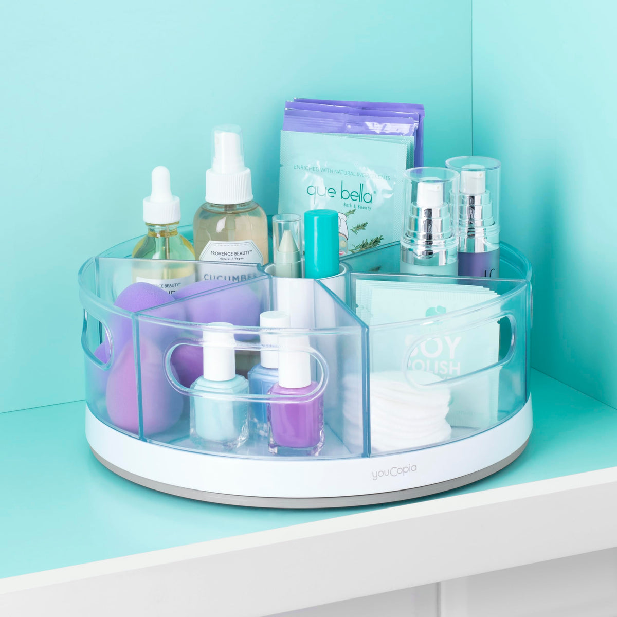 YouCopia Crazy Susan white organizer adds style while keeping items accessible.