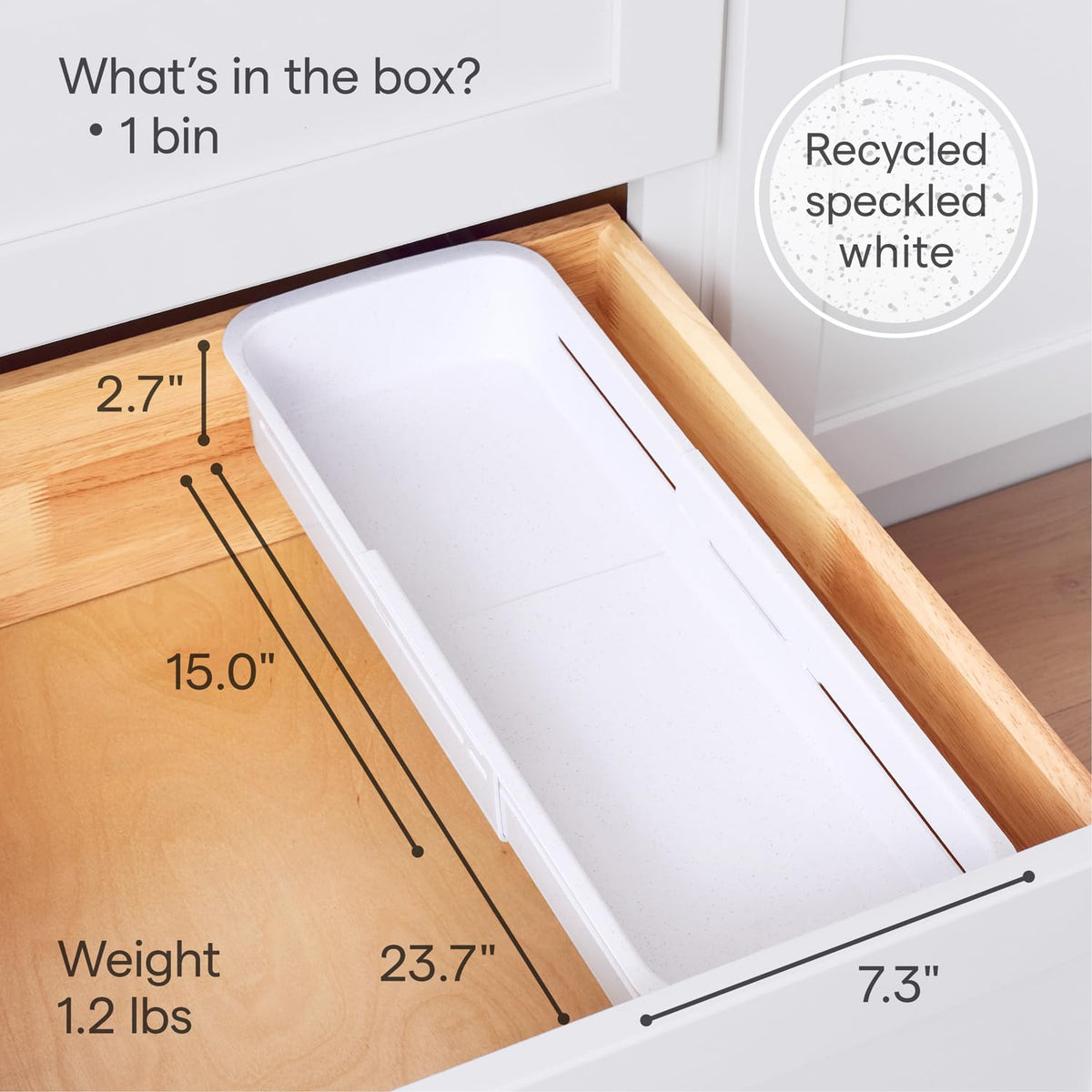 YouCopia DrawerFit expandable bin fits horizontal or vertical drawers for versatile organization.
