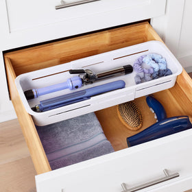 YouCopia DrawerFit speckled white recycled plastic bin blends with kitchen decor.