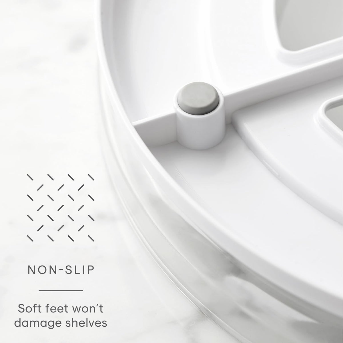 YouCopia FridgeView with non-slip feet protects shelves while you spin.