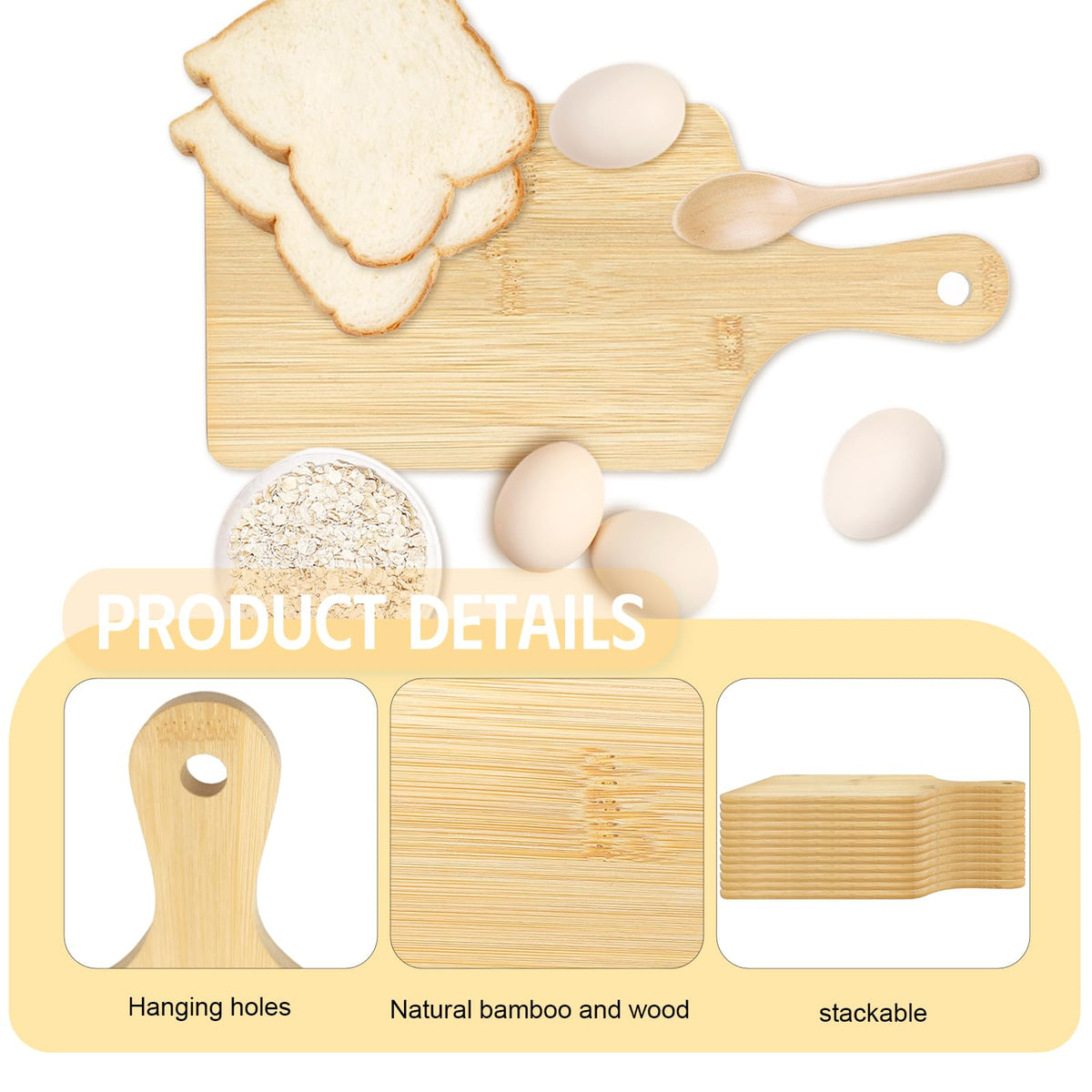 YOUKE OLA bamboo cutting board with a handle for easy lifting and hanging.
