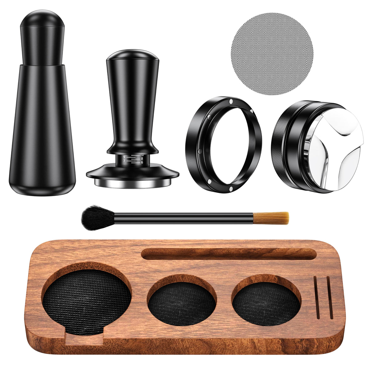 YOZYU espresso tamping station in natural wood base for a tidy setup.