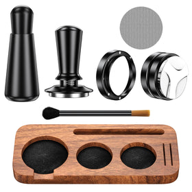 YOZYU espresso tamping station in natural wood base for a tidy setup.