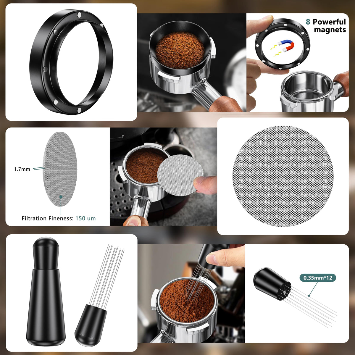YOZYU magnetic dosing funnel with eight magnets prevents spills and keeps grounds contained.