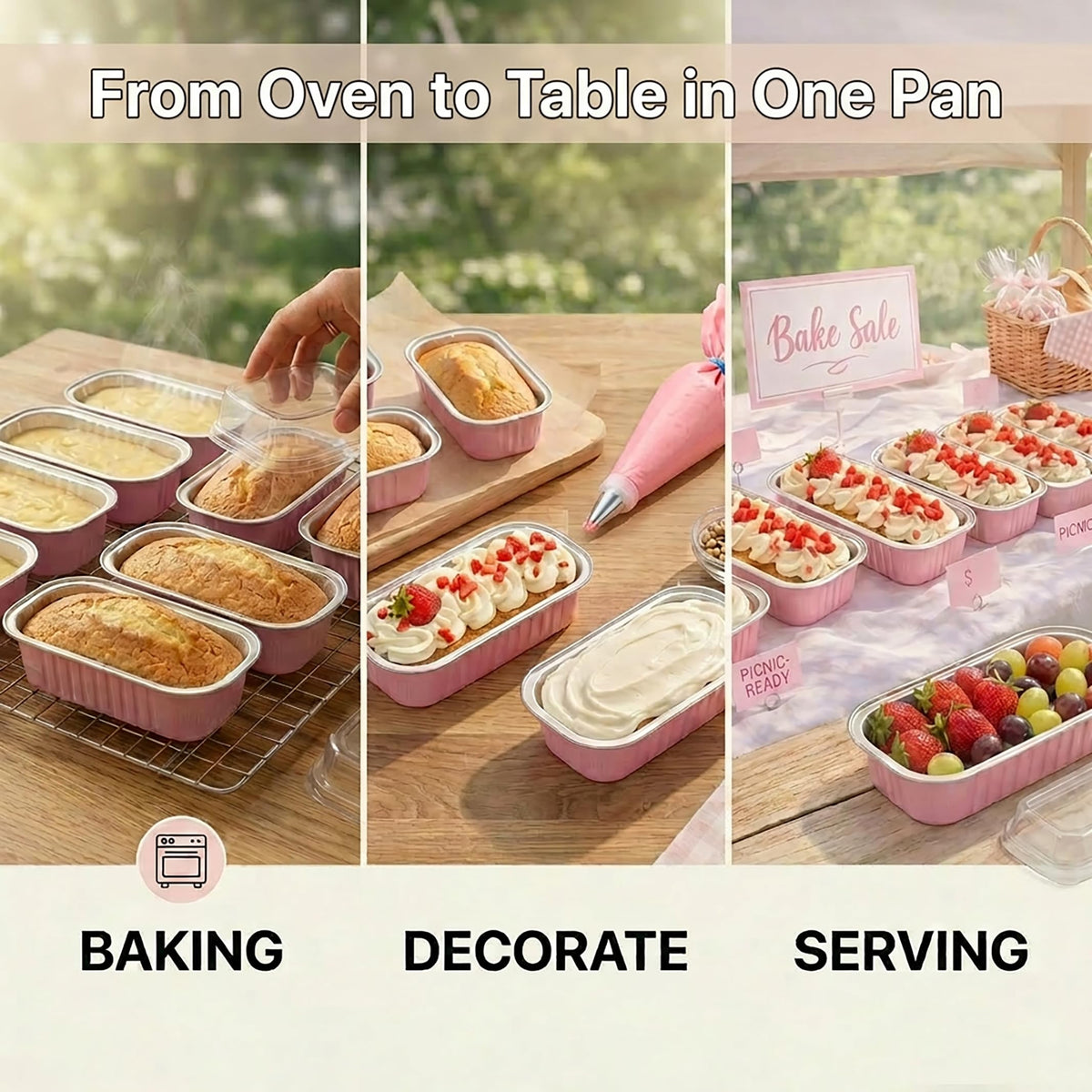 YQER close-up of pink loaf pans with sealing stickers for gift-ready presentation
