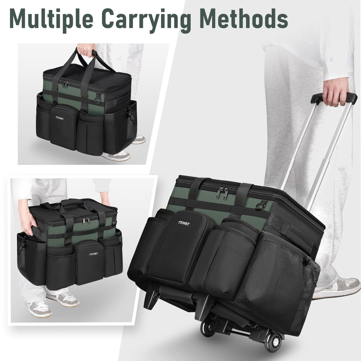 Ytonet caddy secured by Velcro straps to prevent tipping during transport